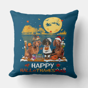 Dachshund Happy Hallothanksmas Halloween Thanksgiv Throw Pillow