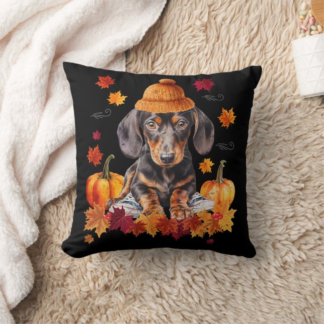 Dachshund Hello Autumn Leaf Fall For Dog Lover Throw Pillow (Blanket)