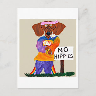 Dachshund Hippie at No Hippies Sign Postcard