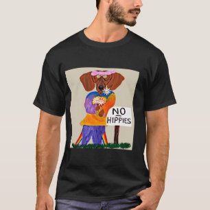 Dachshund Hippie at No Hippies Sign T-Shirt