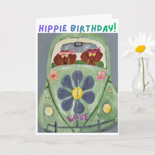 Dachshund Hippie Birthday  Card (Small Plant)