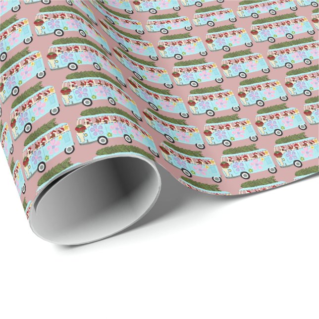 Dachshund Hippie Santa's Van Wrapping Paper 30"x6' (Roll Corner)