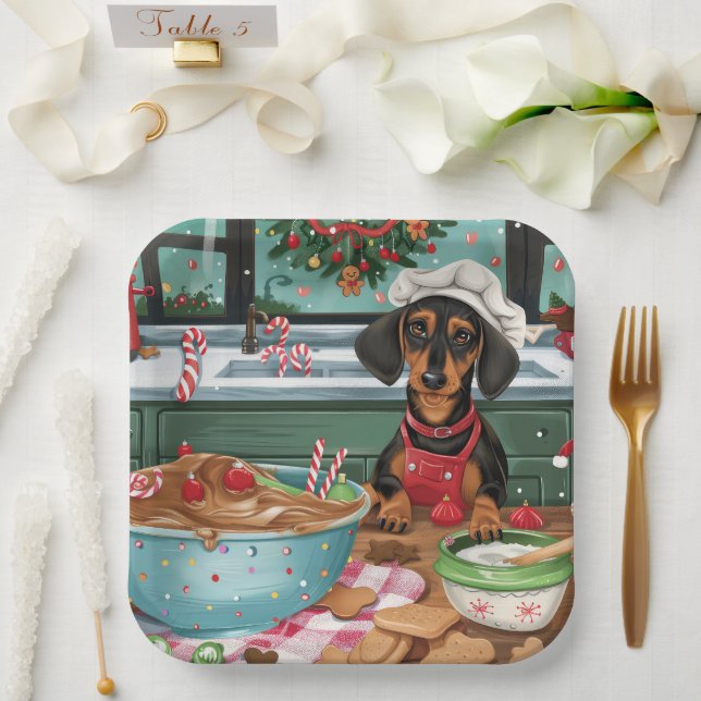 Dachshund Holiday Baking: Festive Christmas  Paper Plate (Wedding)