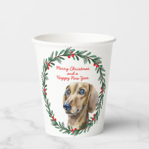 Dachshund Holiday Wreath Personalized Christmas  Paper Cups