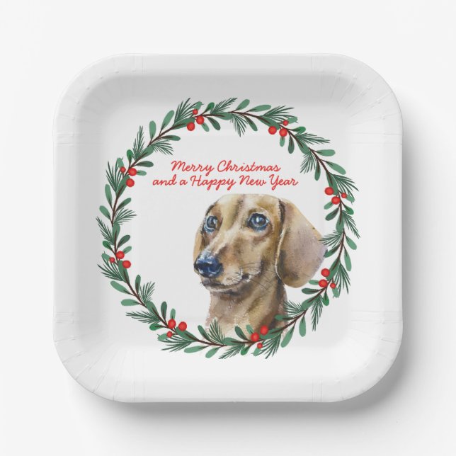 Dachshund Holiday Wreath Personalized Christmas Paper Plate (Front)