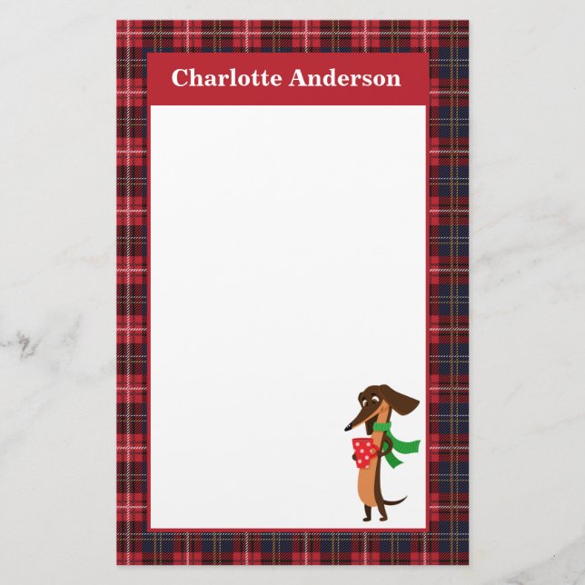 Dachshund, Hot Cocoa Red Plaid Stationery (Front)