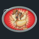 Dachshund Hot Dog Cute and Funny Character Belt Buckle<br><div class="desc">Cute Dachshund Dog Cartoon Character looking a bit confused and amazed,  with tongue hanging out,  and with big surprised eyes because he's realizing he's a... hot dog Sausage! Vector Clip Art Illustration isolated on white. Copyright BluedarkArt.</div>