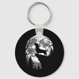 Dachshund Howling Full Moon Haunted Forest Keychain