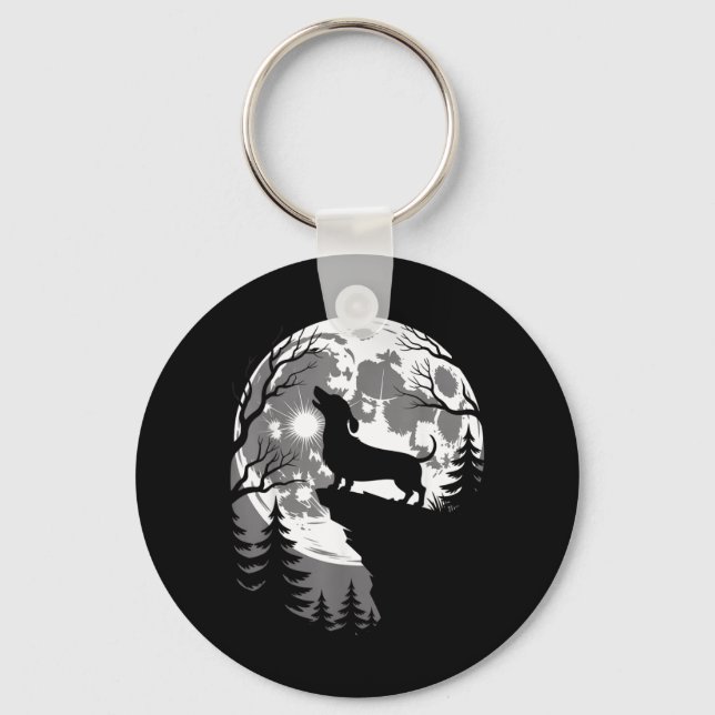 Dachshund Howling Full Moon Haunted Forest Keychain (Front)
