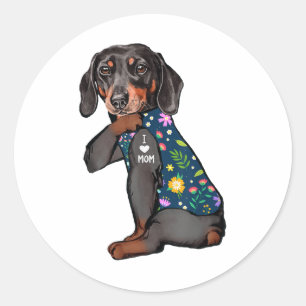 Dachshund I Love Mom Tattoo Flower Funny Dog _1 Classic Round Sticker