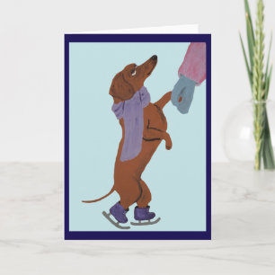 Dachshund ice skating with his Mom Card