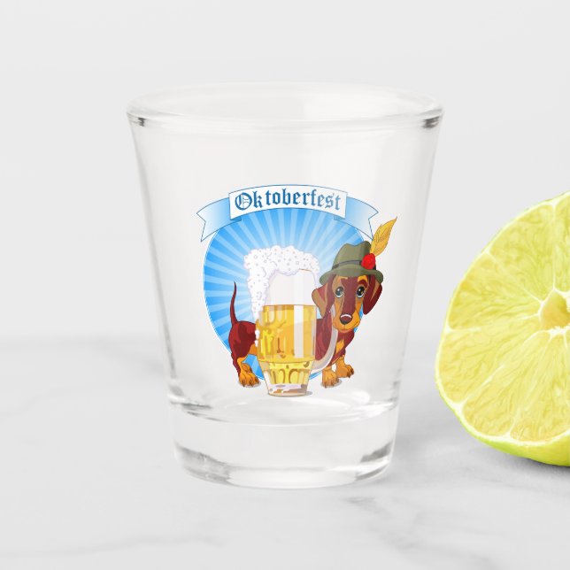 Dachshund in Alpine Hat Oktoberfest Logo Shot Glass (Front)