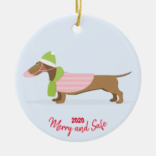 Dachshund in Face Mask Christmas 2020 Ceramic Ornament