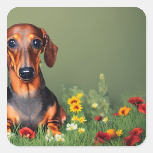 Dachshund in field of flowers square sticker (Front)
