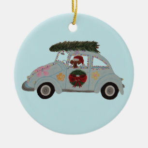 Dachshund in Hippie Car at Christmas Ceramic Ornament