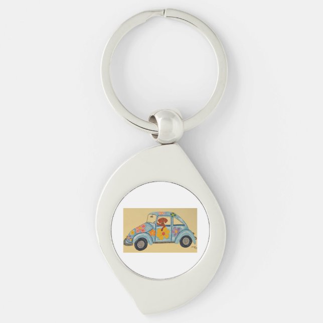 Dachshund in Hippie car  Keychain (Front)