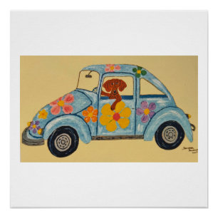 Dachshund in Hippie car Poster