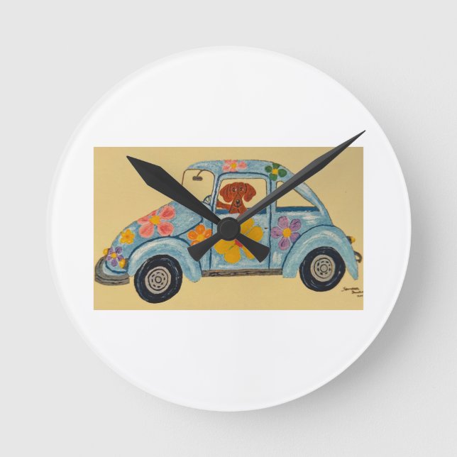 Dachshund in Hippie car  Round Clock (Front)