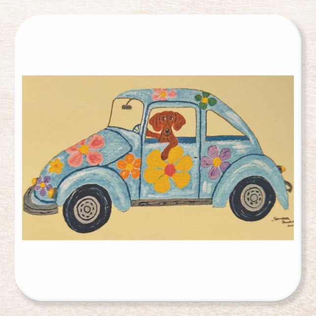 Dachshund in Hippie car  Square Paper Coaster (Front)