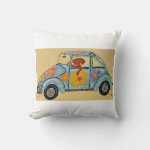 Dachshund in Hippie car Throw Pillow
