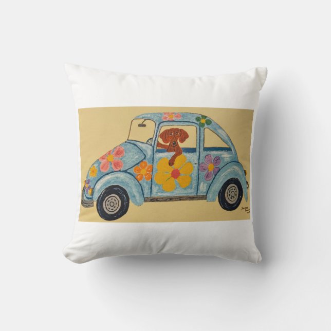 Dachshund in Hippie car Throw Pillow (Front)