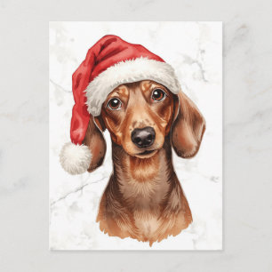 Dachshund in Santa Hat Watercolor Xmas Holiday Postcard