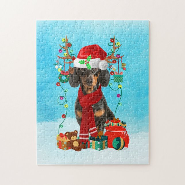 Dachshund in snow with Christmas gifts Jigsaw Puzzle (Vertical)