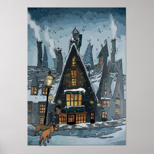 Dachshund in Winter Village Poster