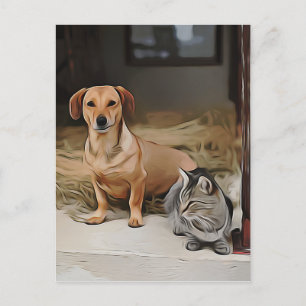 Dachshund Is Sitting On Footpath With Cat Birthday Postcard