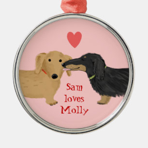 Dachshund Kiss with Heart and Custom Text Metal Ornament