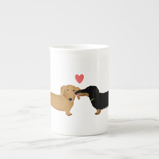 Dachshund Kiss with Heart Cute Wiener Dogs Love Bone China Mug (Front)