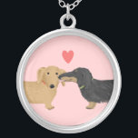 Dachshund Kiss with Heart | Wiener Dog Lover's Silver Plated Necklace<br><div class="desc">Cute black and tan longhaired Dachshund and shorthaired red Doxie with heart. An adorable wiener dog lover's necklace that makes a sweet gift for any dog mom or weenie dog lover. Visit Jenn's Doodle World for even more accessories and gifts featuring this fun wiener dog art.</div>