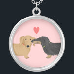 Dachshund Kiss with Heart | Wiener Dog Lover's Silver Plated Necklace<br><div class="desc">Cute black and tan longhaired Dachshund and shorthaired red Doxie with heart. An adorable wiener dog lover's necklace that makes a sweet gift for any dog mom or weenie dog lover. Visit Jenn's Doodle World for even more accessories and gifts featuring this fun wiener dog art.</div>