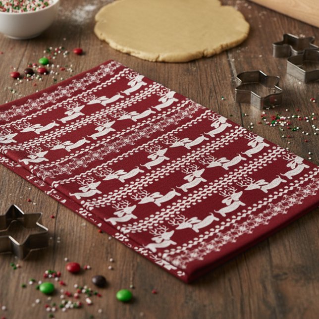 Dachshund Kitchen Christmas Gift or Decor  Kitchen Towel (Red dachshund reindeer Christmas dish towel)