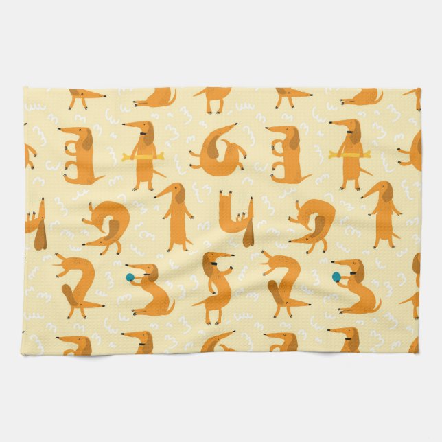 Dachshund Kitchen Towel Whimsical Doxie Print (Horizontal)
