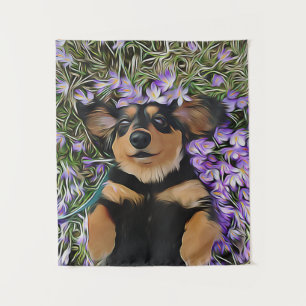 Dachshund Laying In Purple Flowers Tapestry