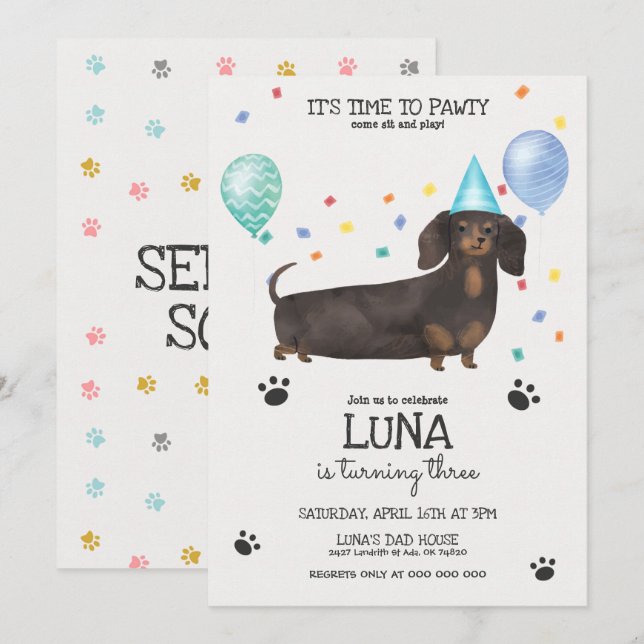  Dachshund Lets Pawty Dog Birthday Invitation Blue (Front/Back)