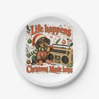 Dachshund Life Happens Christmas Music Helps Paper Plate