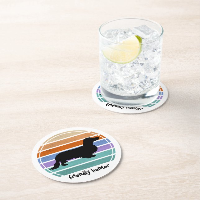 Dachshund Long Hair - Silhouette 1 Round Paper Coaster (Insitu)