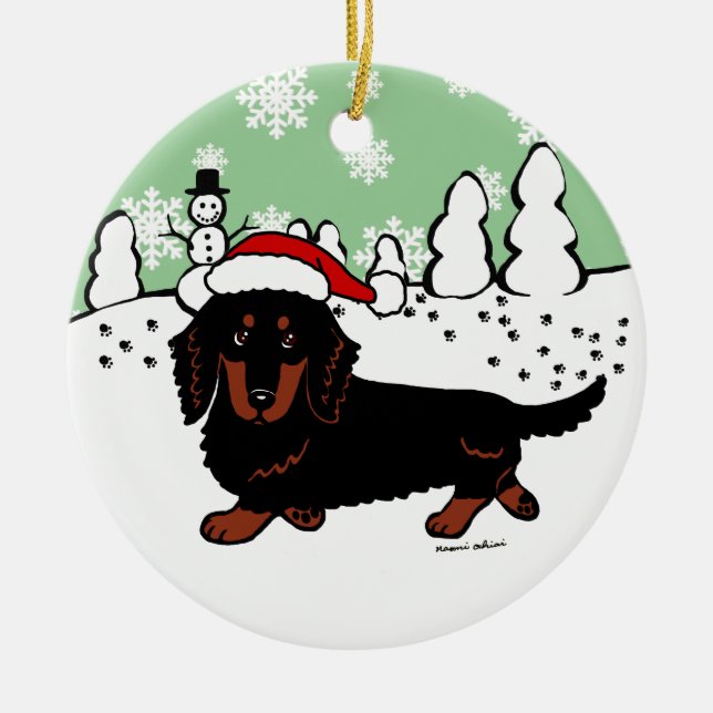 Dachshund Long Haired Black and Tan Ceramic Ornament (Front)