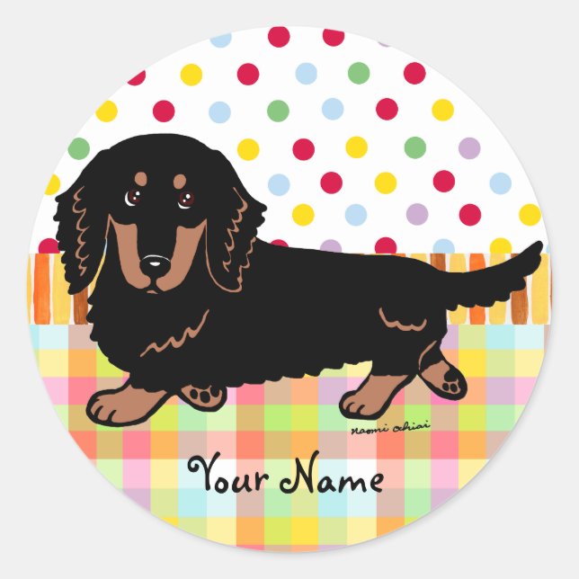 Dachshund Long Haired Black and Tan Classic Round Sticker (Front)