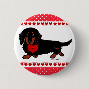 Dachshund Long Haired Black and Tan Heart 2 Inch Round Button