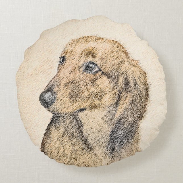 Dachshund (Longhaired) 2 Painting Original Dog Art Round Pillow (Back)