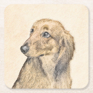 Dachshund (Longhaired) 2 Painting Original Dog Art Square Paper Coaster