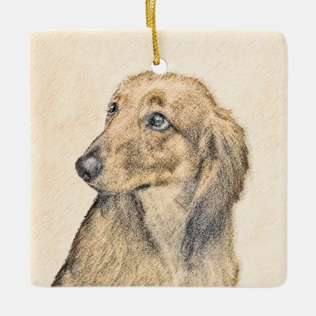 Dachshund (Longhaired) Painting - Original Dog Art Ceramic Ornament (Front)