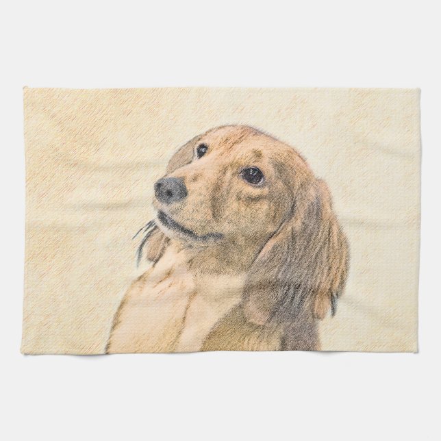 Dachshund (Longhaired) Painting - Original Dog Art Kitchen Towel (Horizontal)