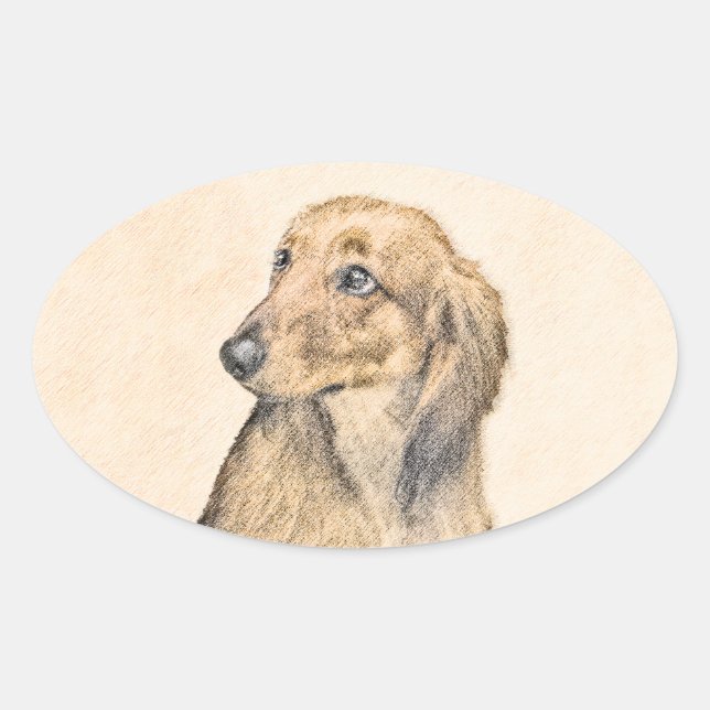 Dachshund (Longhaired) Painting - Original Dog Art Oval Sticker (Front)