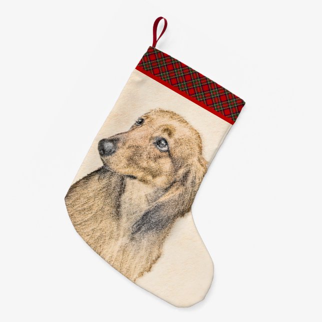Dachshund (Longhaired) Painting - Original Dog Art Small Christmas Stocking (Front (Hanging))