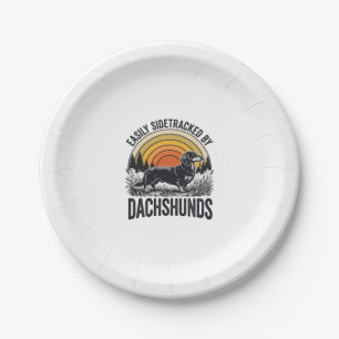 Dachshund Lover Shirt Easily Sidetracked Retro Art Paper Plate