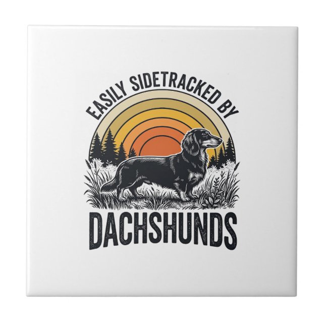 Dachshund Lover Shirt Easily Sidetracked Retro Art Tile (Front)